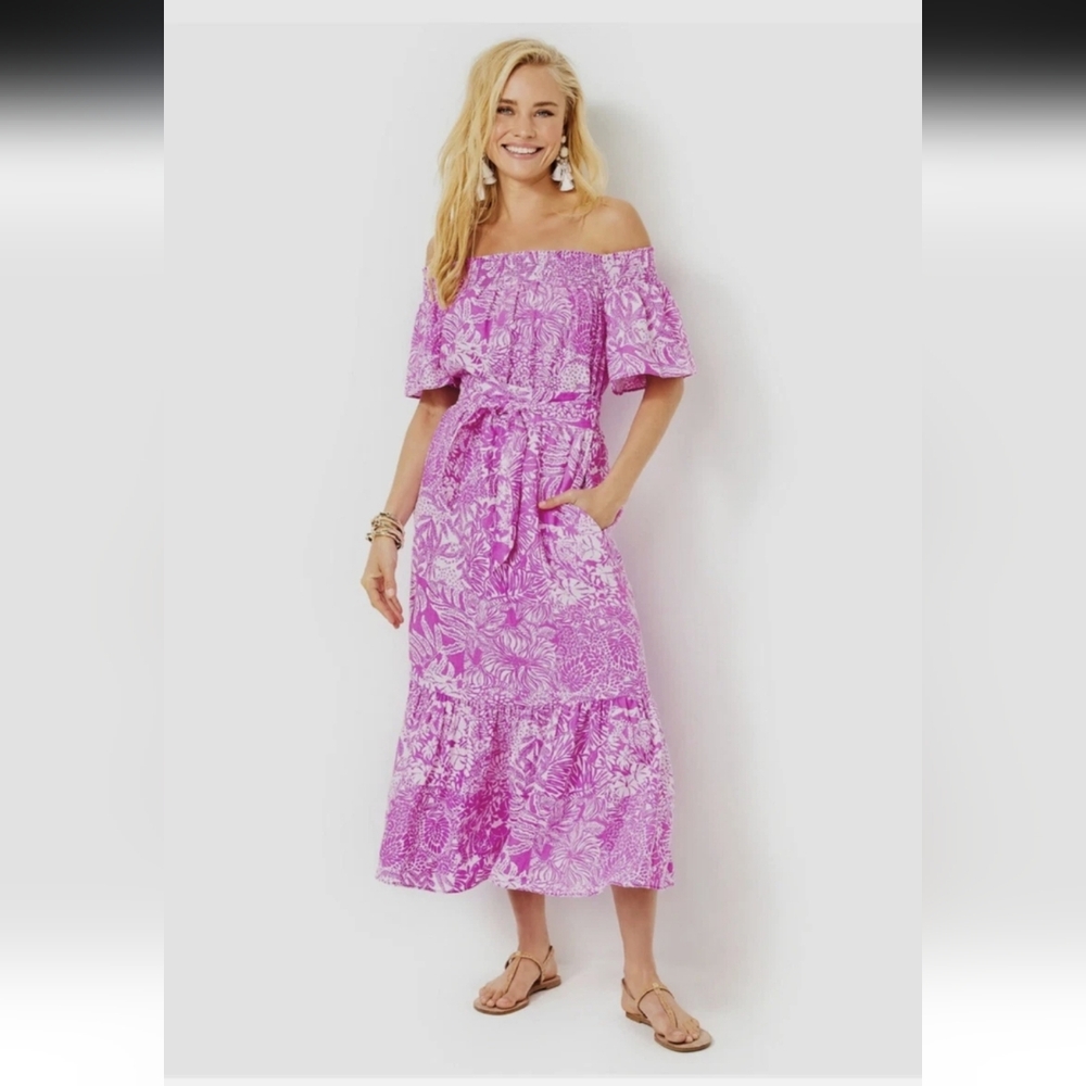 NWOT Lilly Pulitzer Isbell Off-The-Shoulder Linen Midi Dress size XL Wild Fuchsi